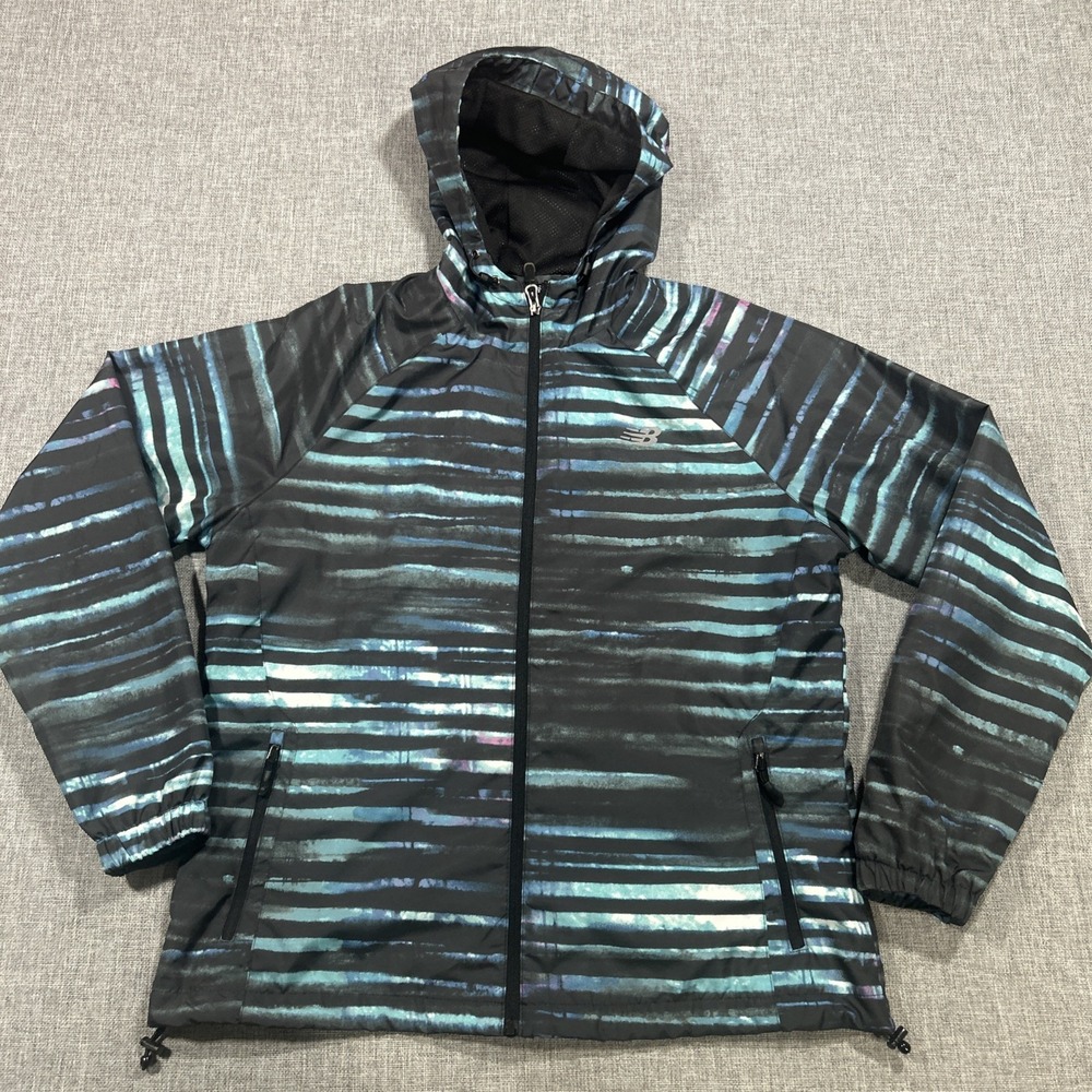New Balance Rain Jacket Women's Size XL Striped Hooded Full Zip Running Hooded